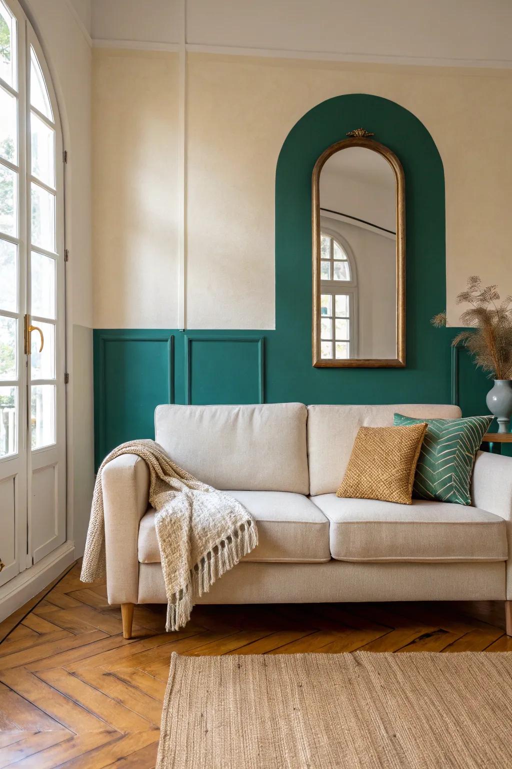 High-gloss color-block arch behind a neutral sofa—instant rental-friendly wow factor.