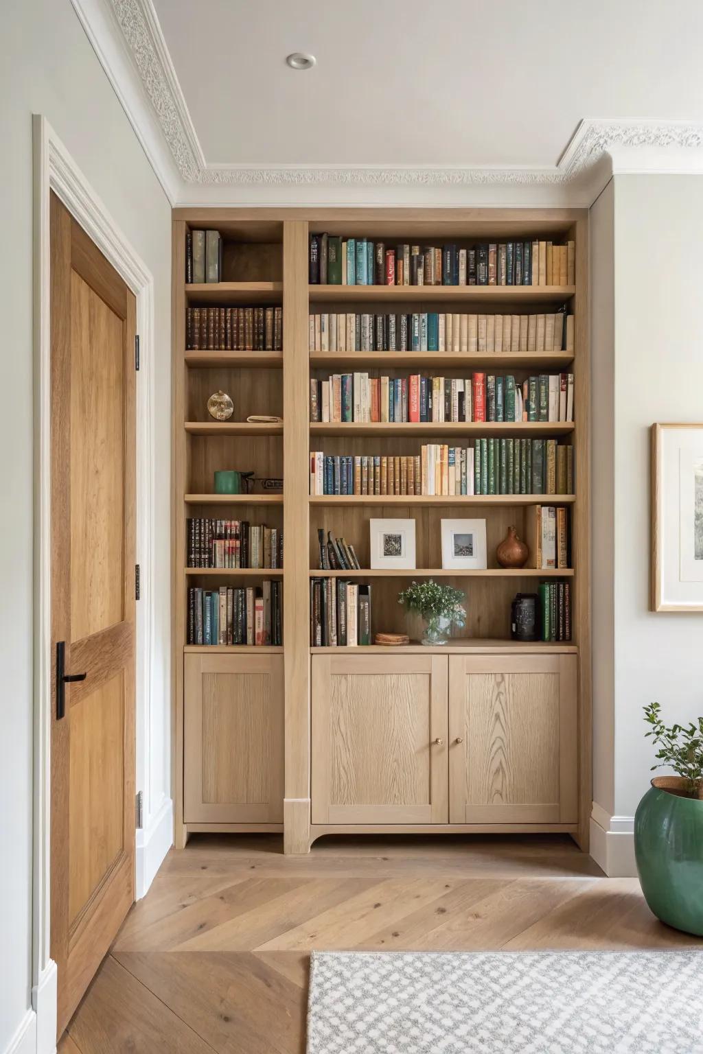 A secret bookshelf wall that hides a doorway—minimal, boho, and totally storybook.