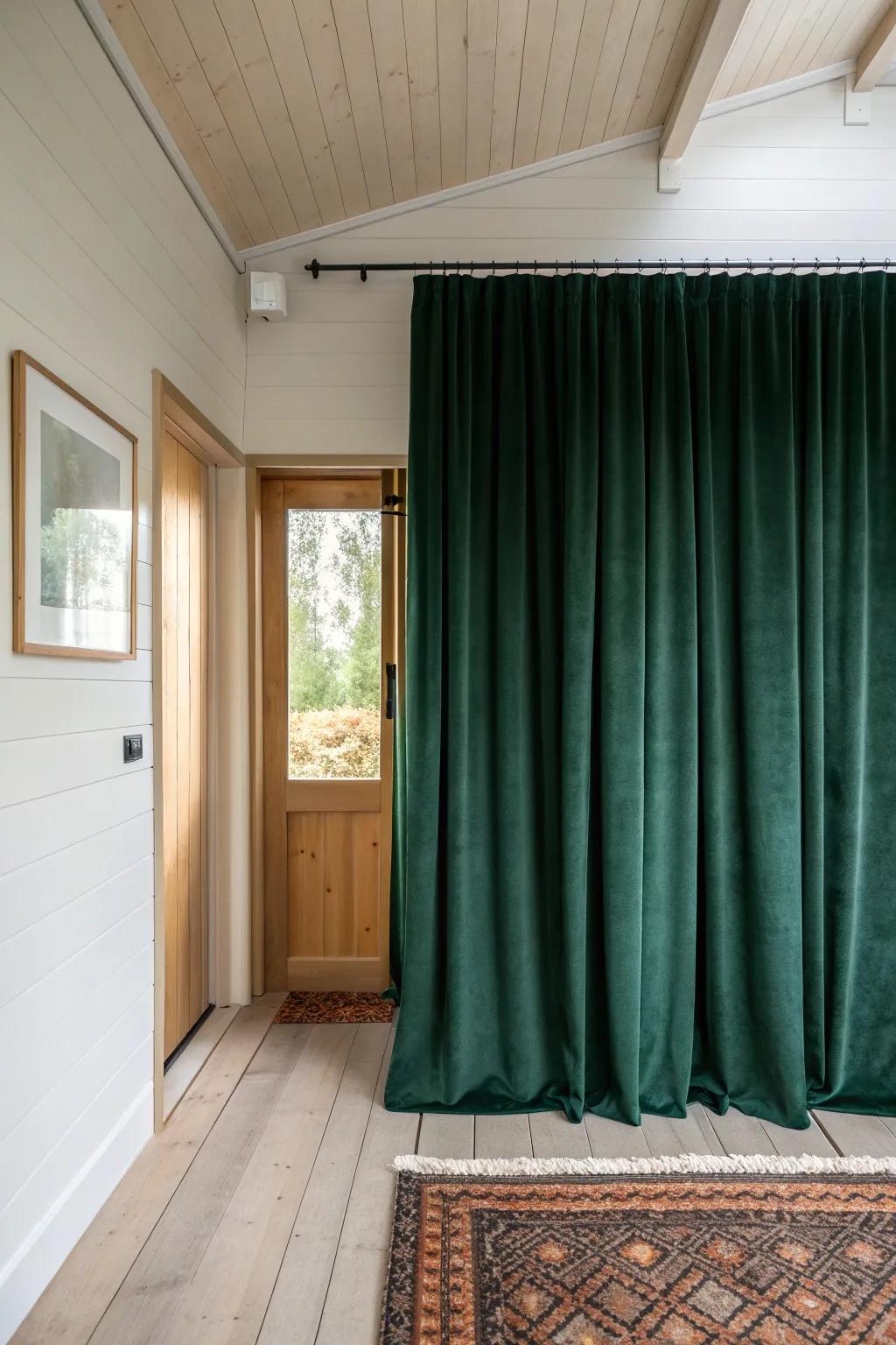 A heavy velvet curtain entry creates a secret-door man cave vibe—cozy, cheap, and sound-dampening.