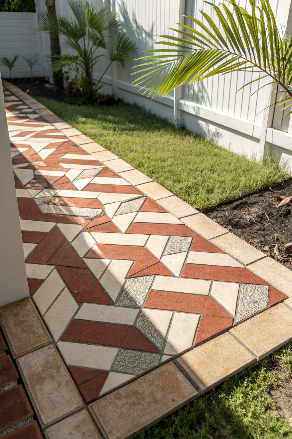 No-grass backyard wow: patterned pavers that feel like outdoor tile—big style for tiny patios.