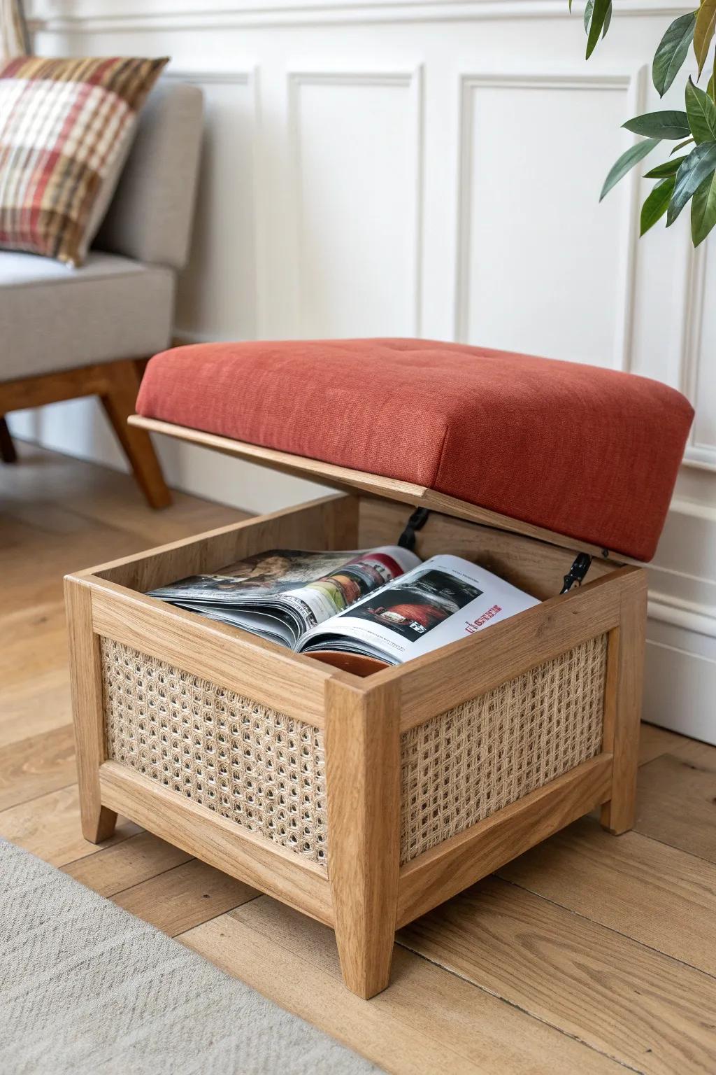 A company-ready trick: hide your best magazines inside a chic storage ottoman stash.