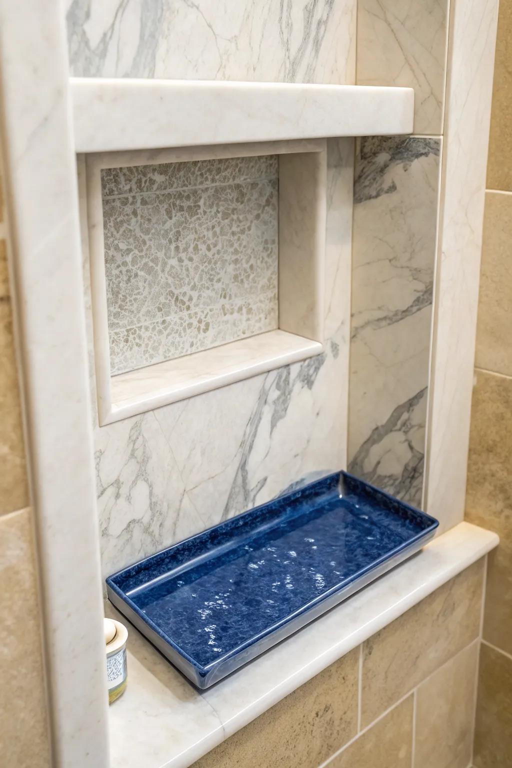 A marble niche with a pull-out tray insert—spa style storage that wipes clean in seconds.