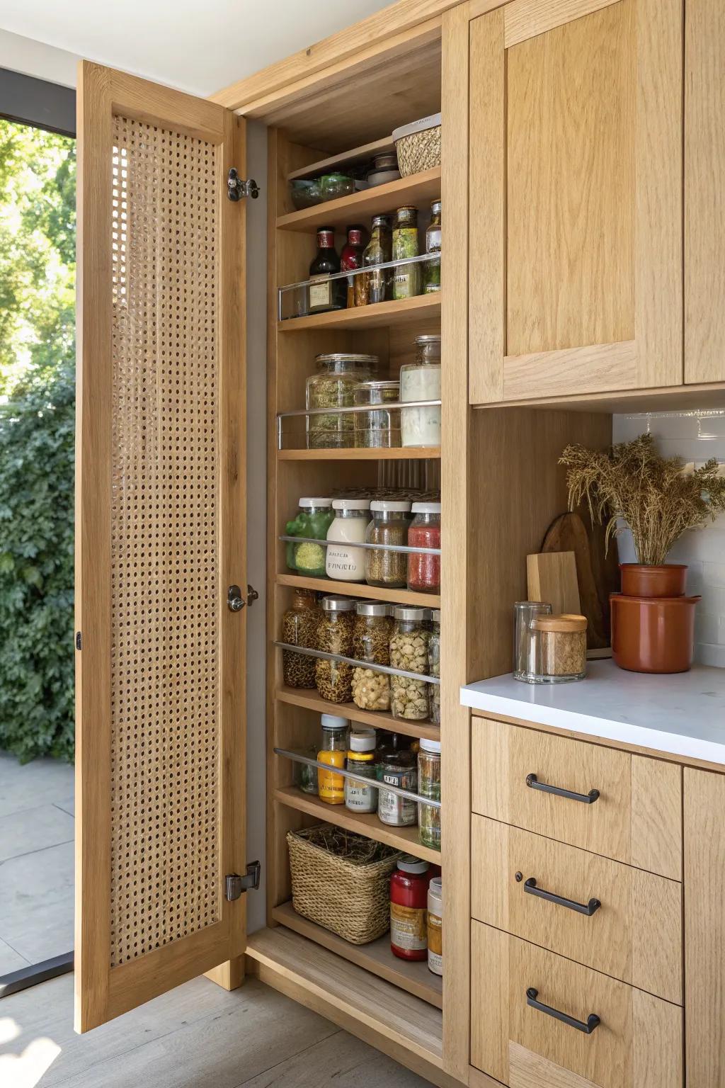 A hidden door-mounted pantry keeps a tiny mobile home kitchen clear—stylish, sneaky storage.