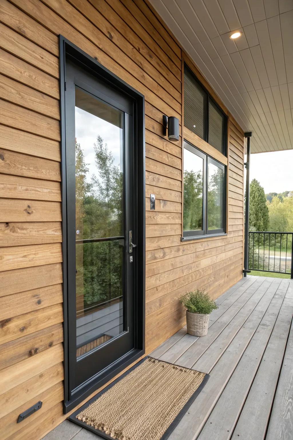 A weather-safe reflective panel brightens a small modern porch—instant light and space.
