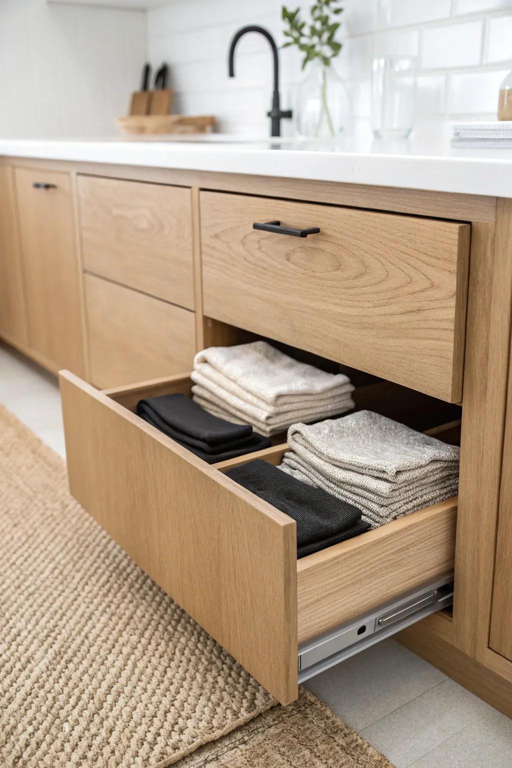 Steal this small-kitchen hack: a hidden toe-kick drawer for trays and linens—so smart.