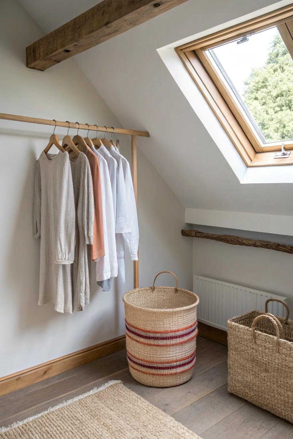 Turn under-eave dead space into a chic wardrobe zone with a simple hanging rod + bin.