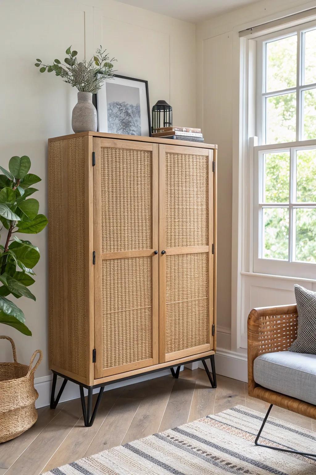 A cabinet wall divider that defines a tiny office zone and adds storage—without building walls.