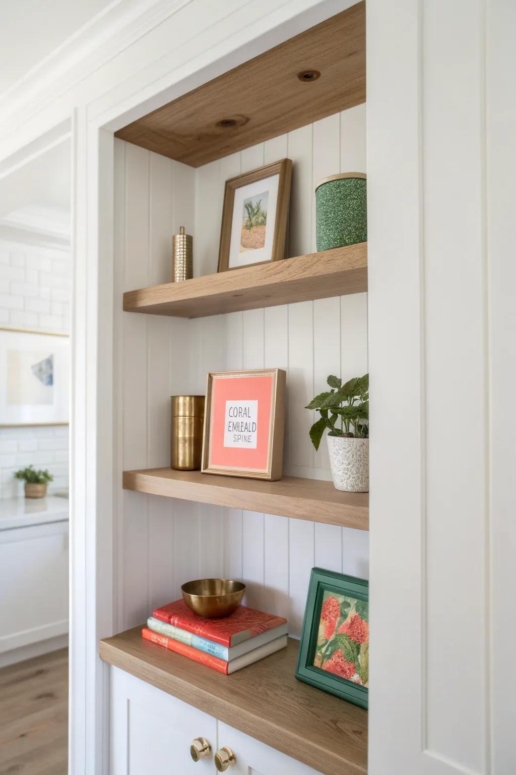 A tiny gallery shelf makes an open pantry feel curated—just a book, print, and plant.