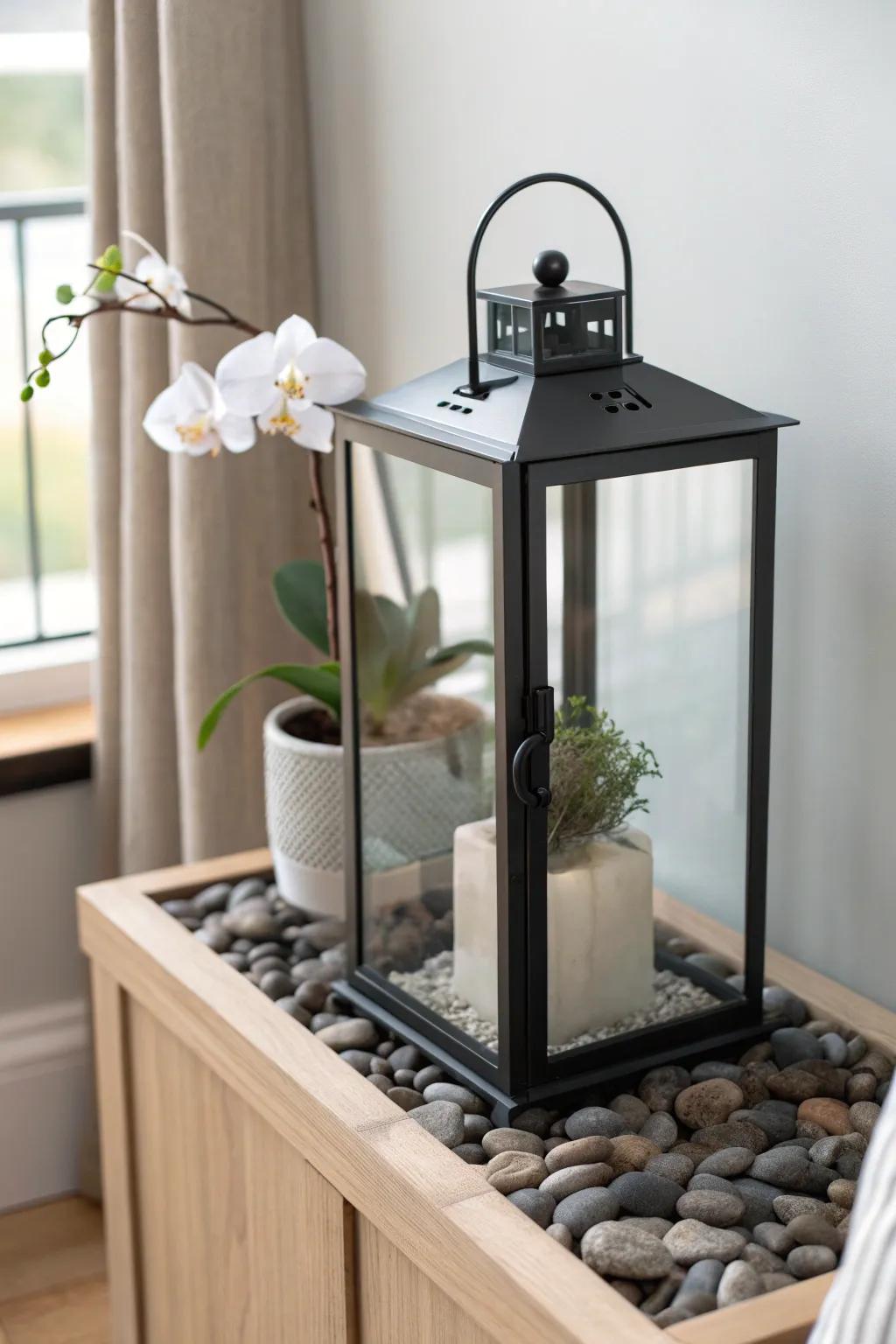 Lantern orchid vignette with a pebble base—minimal, airy, and perfectly small-space chic.