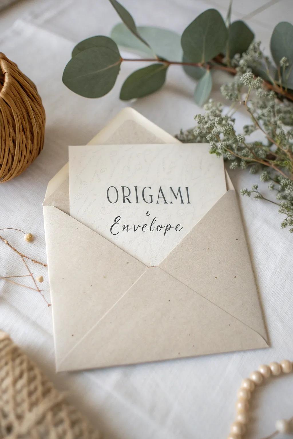 Elevate your correspondence with the artful touch of calligraphy on an origami envelope, where simplicity meets elegance.