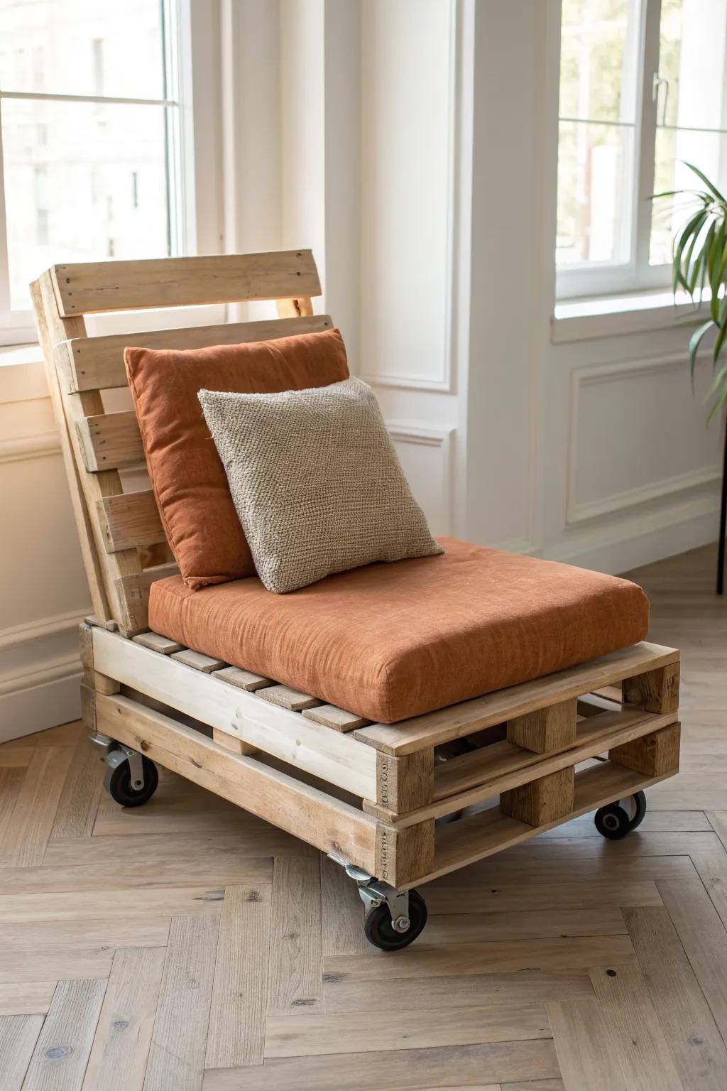 Rolling pallet chair on locking casters—easy to glide aside, perfect for flexible small spaces.