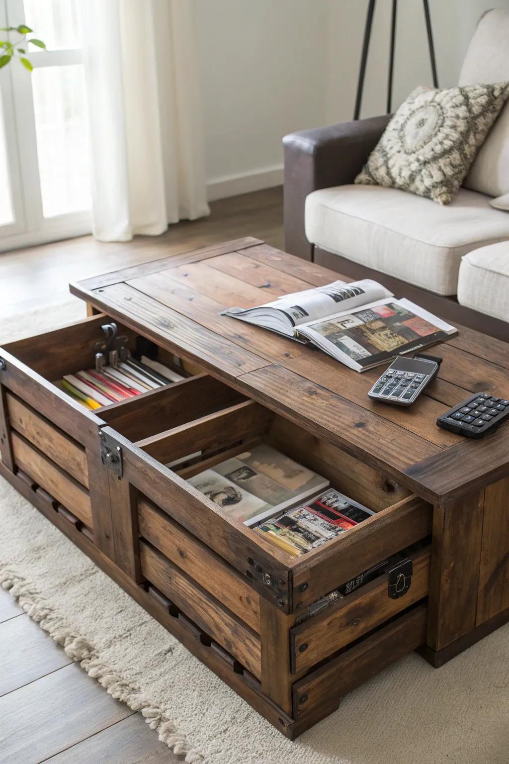 Discover the elegance of hidden storage with this innovative pallet coffee table design.