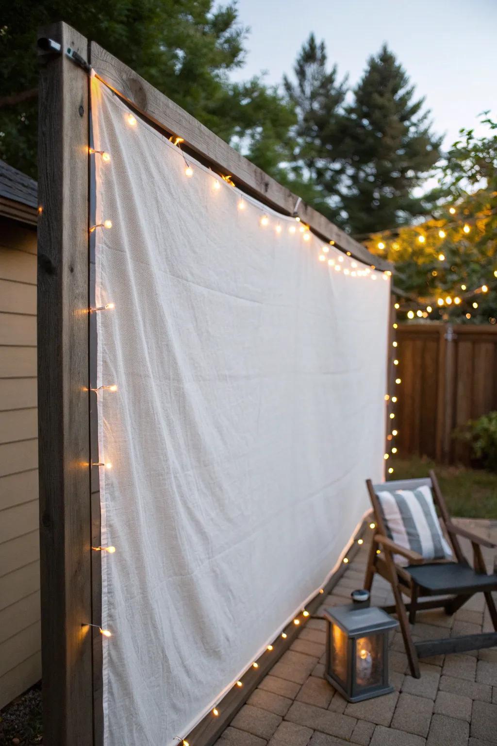 DIY backyard movie wall: crisp linen screen clipped to the fence for tiny patio cinema nights.