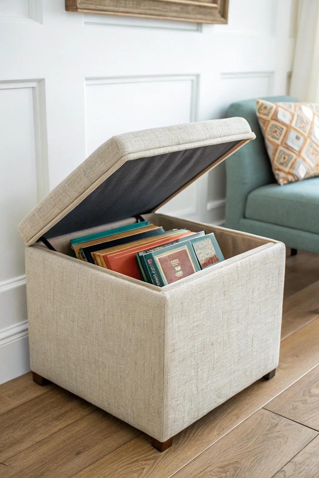 A storage ottoman hides colorful photo boxes—double-duty organization for small living rooms.