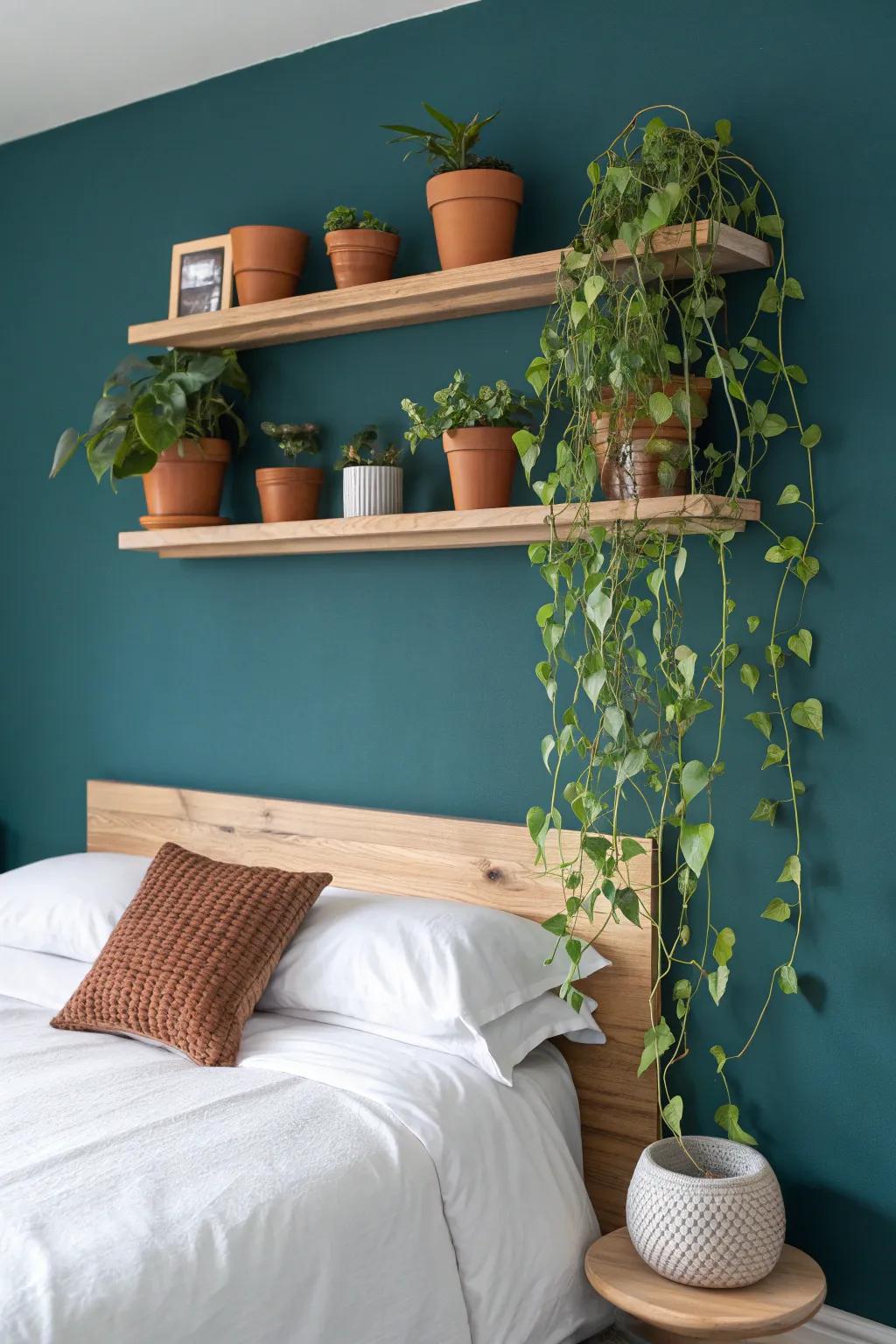 Turn your bed wall into a living headboard: slim shelves + trailing plants, big style, no bulk.