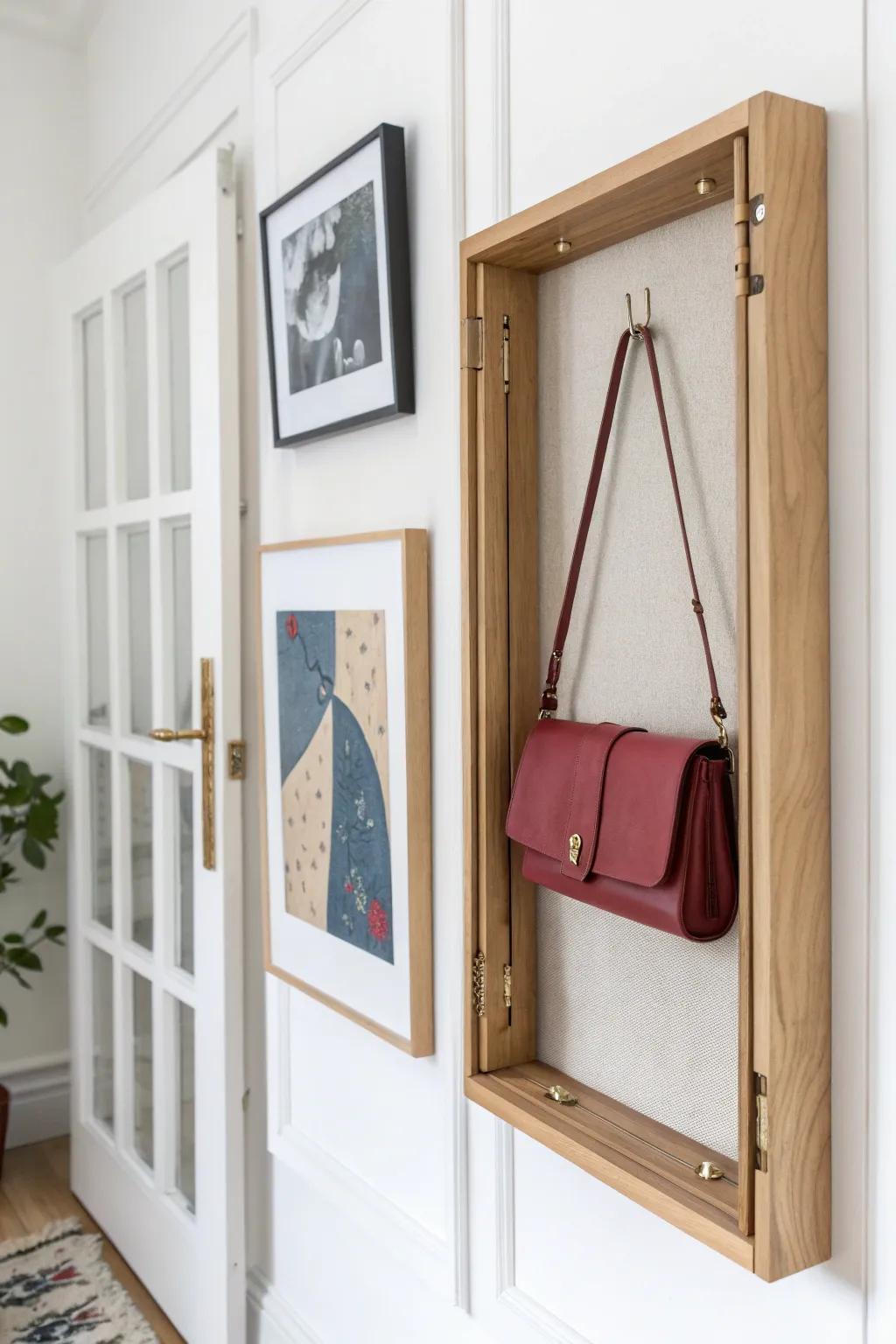 A hinged art frame hides a slim purse rack—stylish wall decor with secret storage.