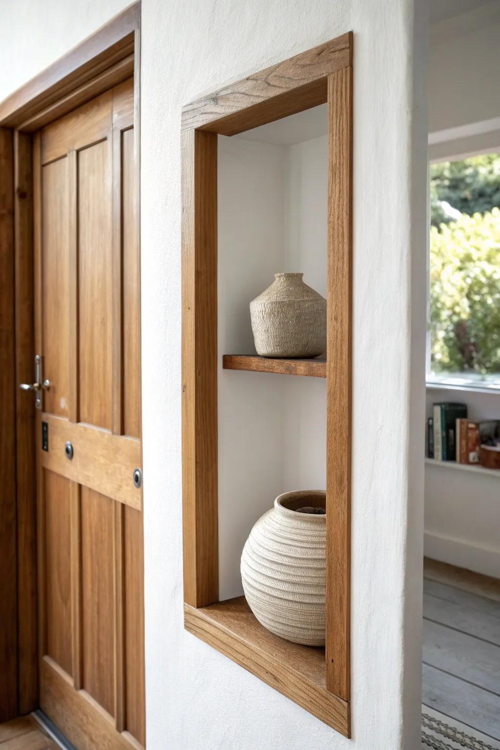 Skinny recessed shelf by the doorway—unexpected storage with a bold, handmade accent.