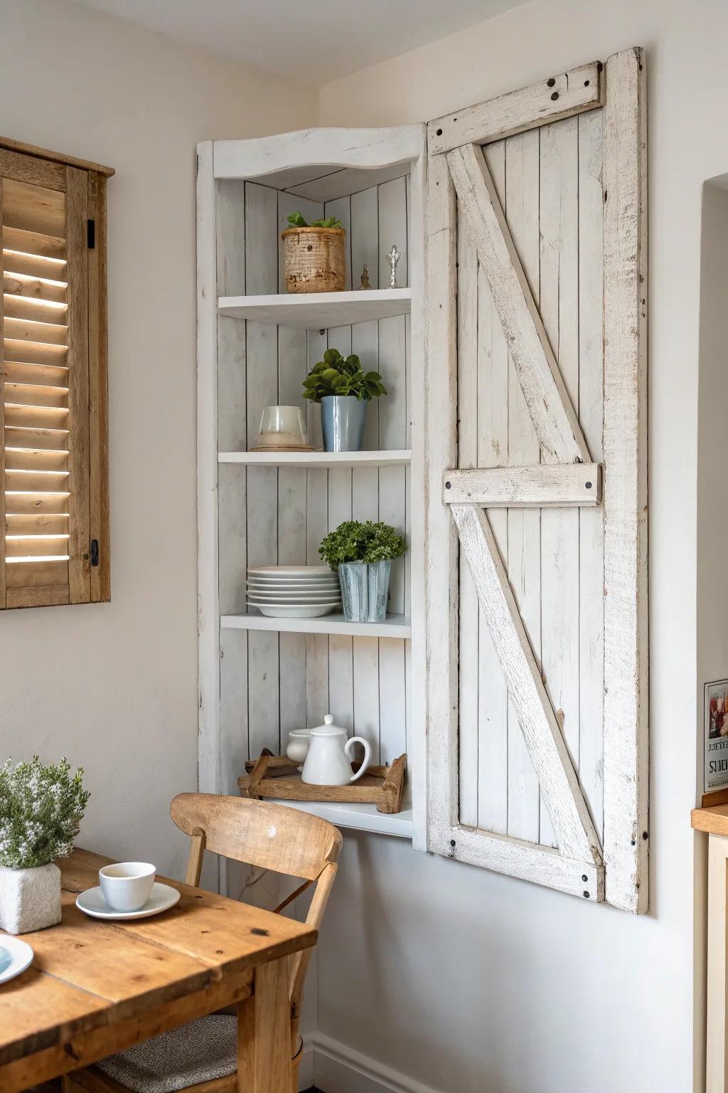 Shutter-framed corner shelf: rustic charm meets minimalist lines with a bold terracotta pop.