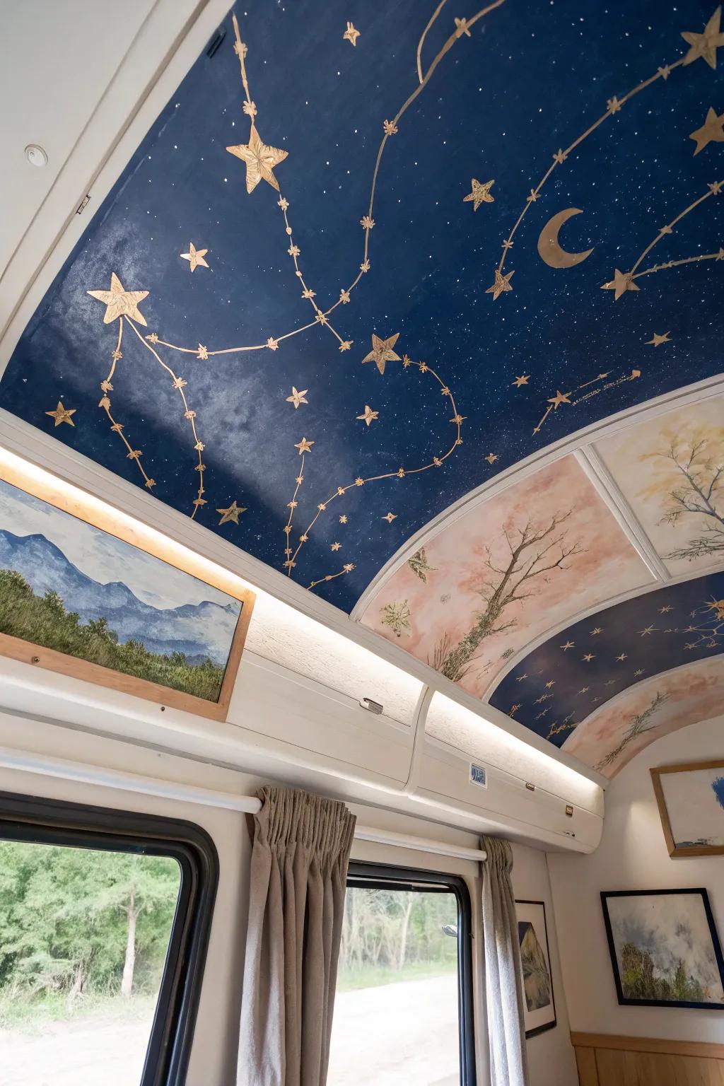 Turn your RV bed into a boutique retreat with a starry ceiling mural in rich indigo and gold.