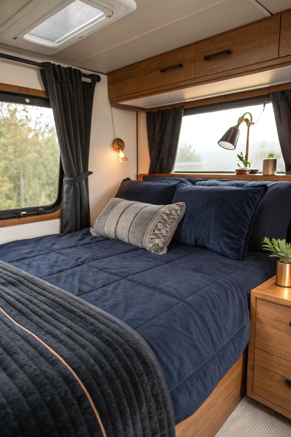 Dark cocoon bedding + blackout curtains for an RV master bedroom that sleeps like a cave.