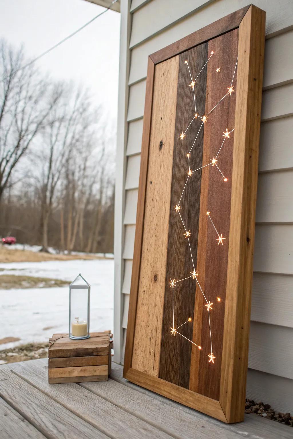 Scrap-wood constellation panel with hidden LEDs—minimal, cozy wall art that glows at night.