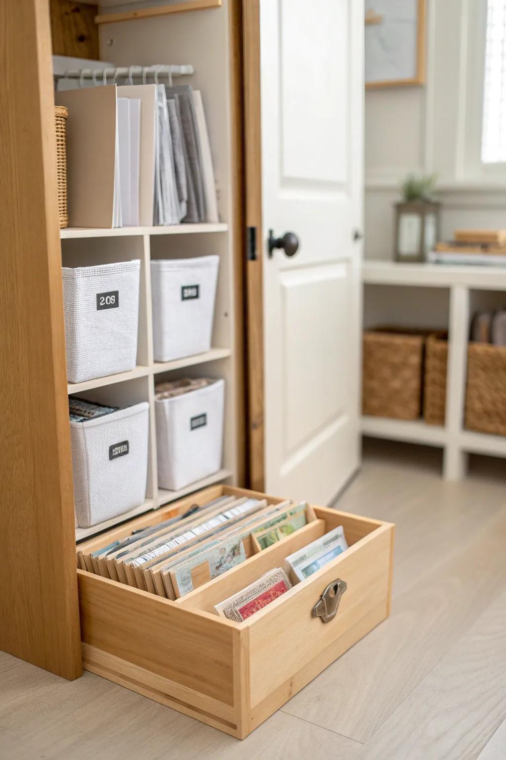 Turn a narrow closet into a mini scrapbook store—papers up high, tools at eye level, bins below.