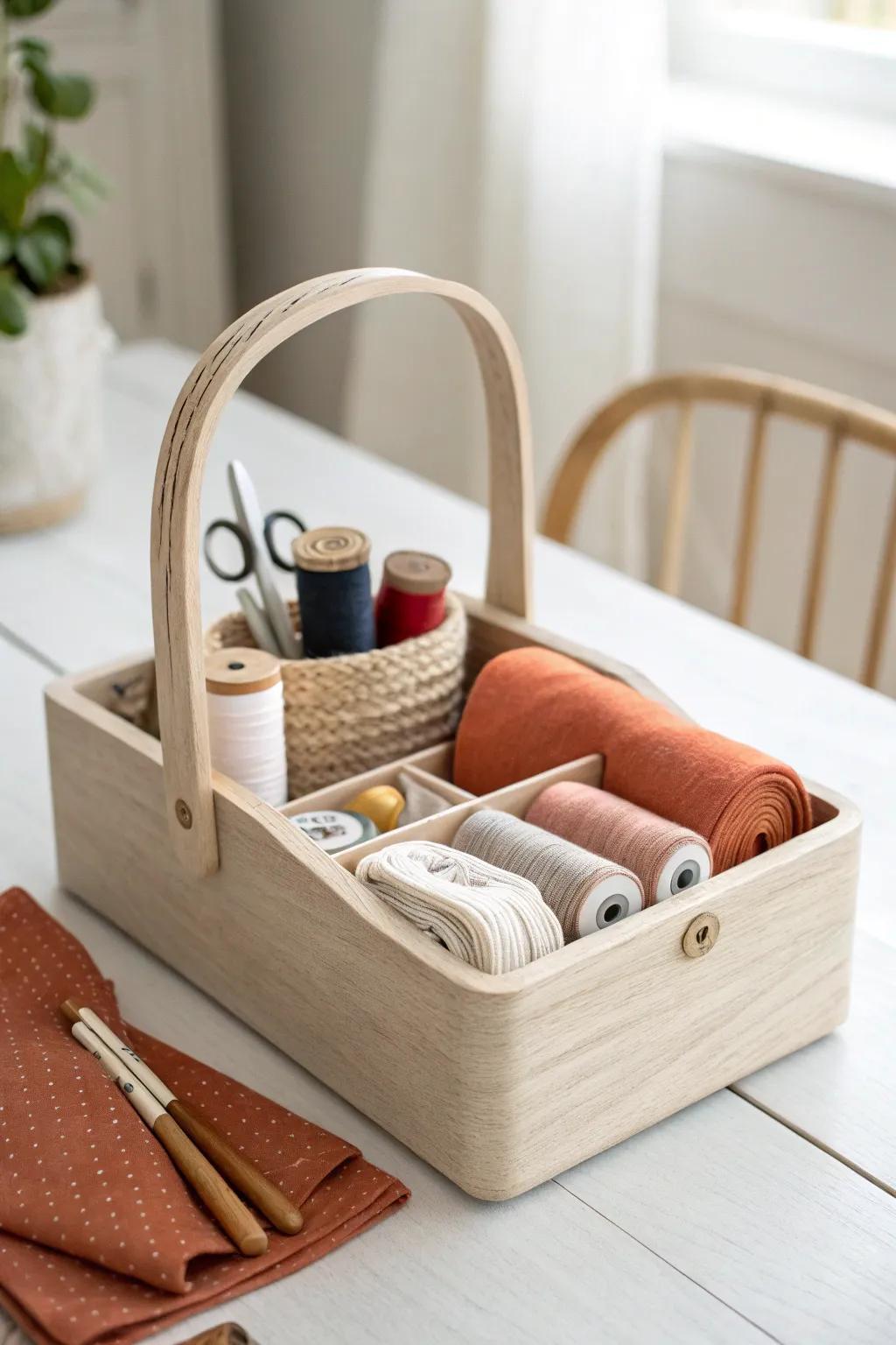One-minute reset: a chic sewing caddy stocked with cleanup basics for fast table takeovers.