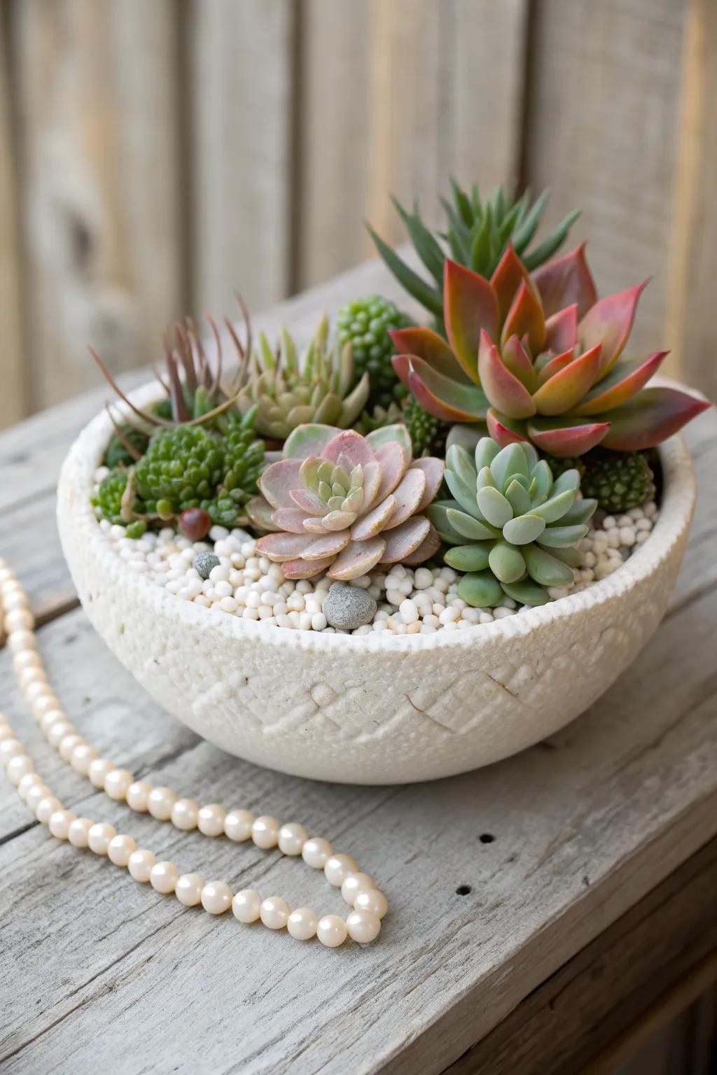 A shallow planter styled like a sculpture: rosettes, negative space, and a trailing edge.