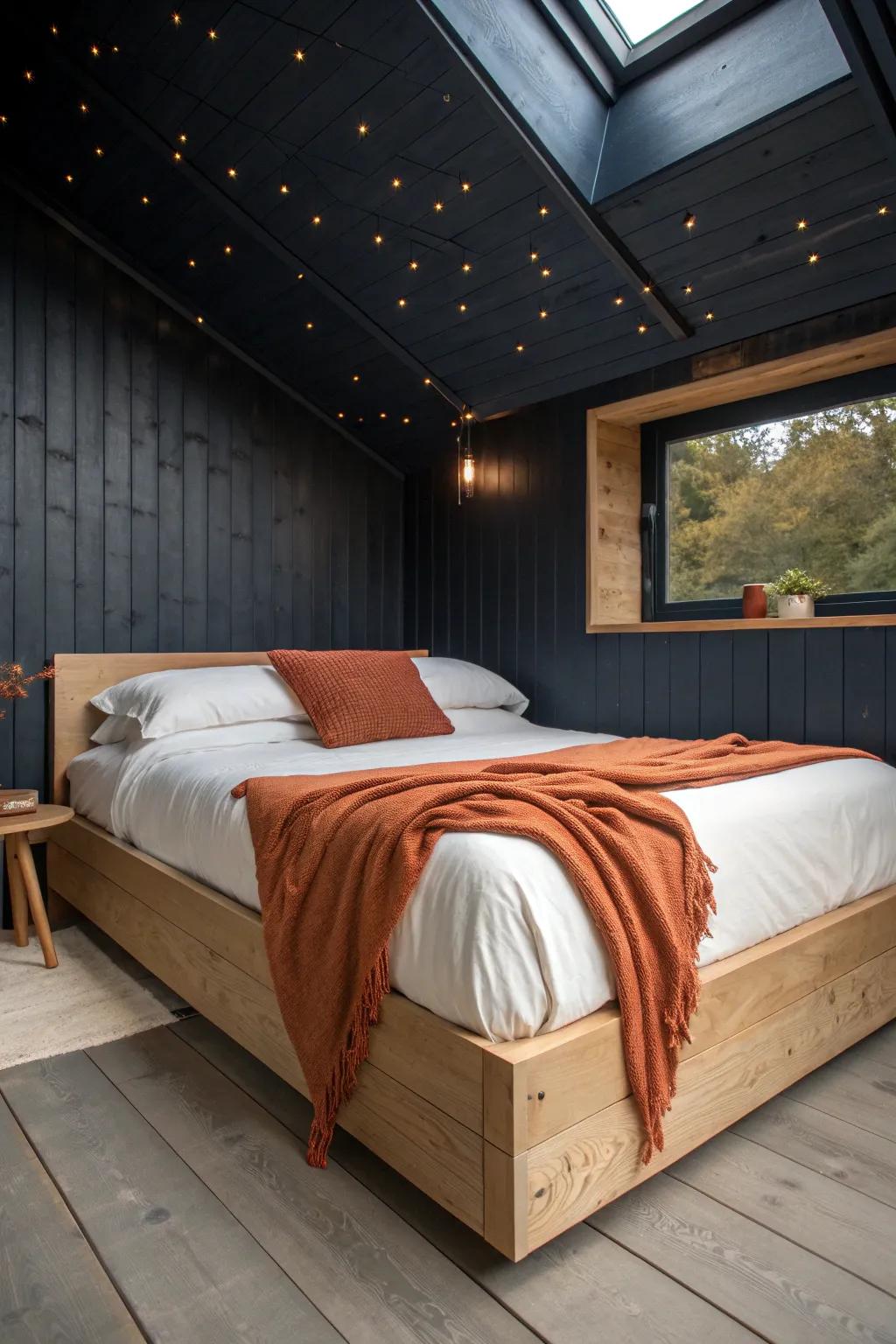 A tiny shed bedroom with a starry ceiling and skylight—your coziest stargazing sleep spot.