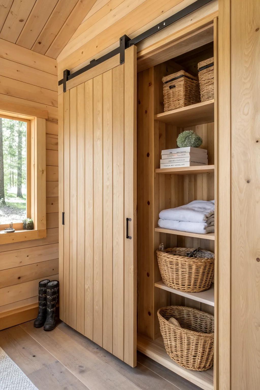 Hidden storage wall that looks like paneling—clean, calm shed cabin style with a bold reveal.