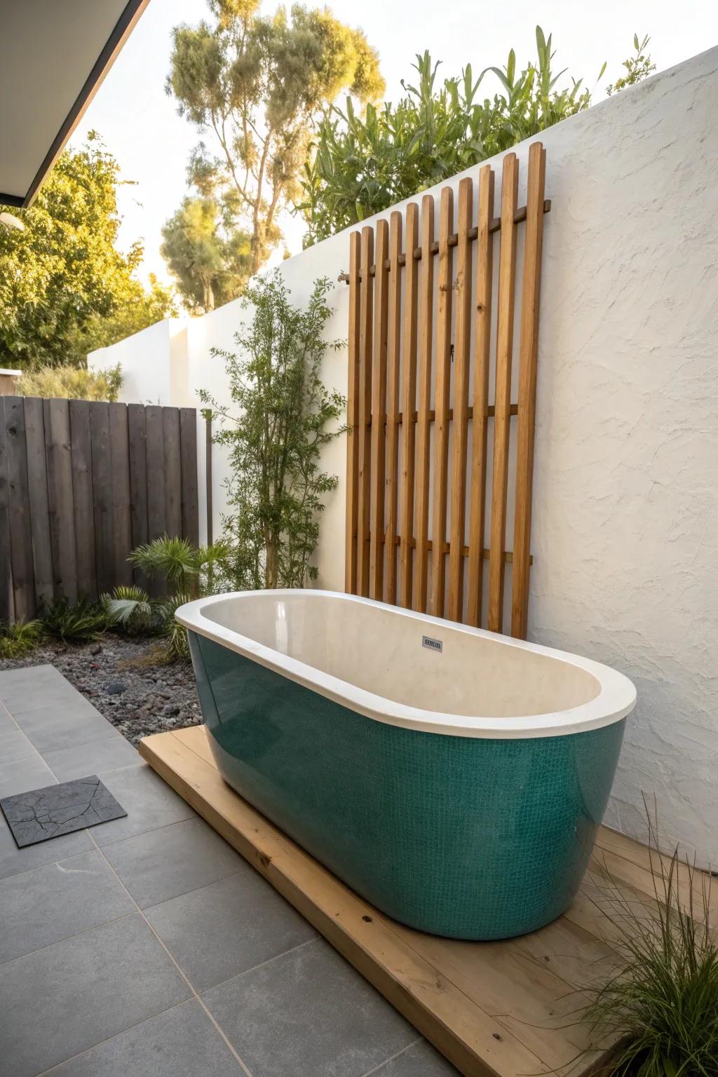 Turn a narrow side patio into a boutique escape with a sleek plunge soak tub setup.