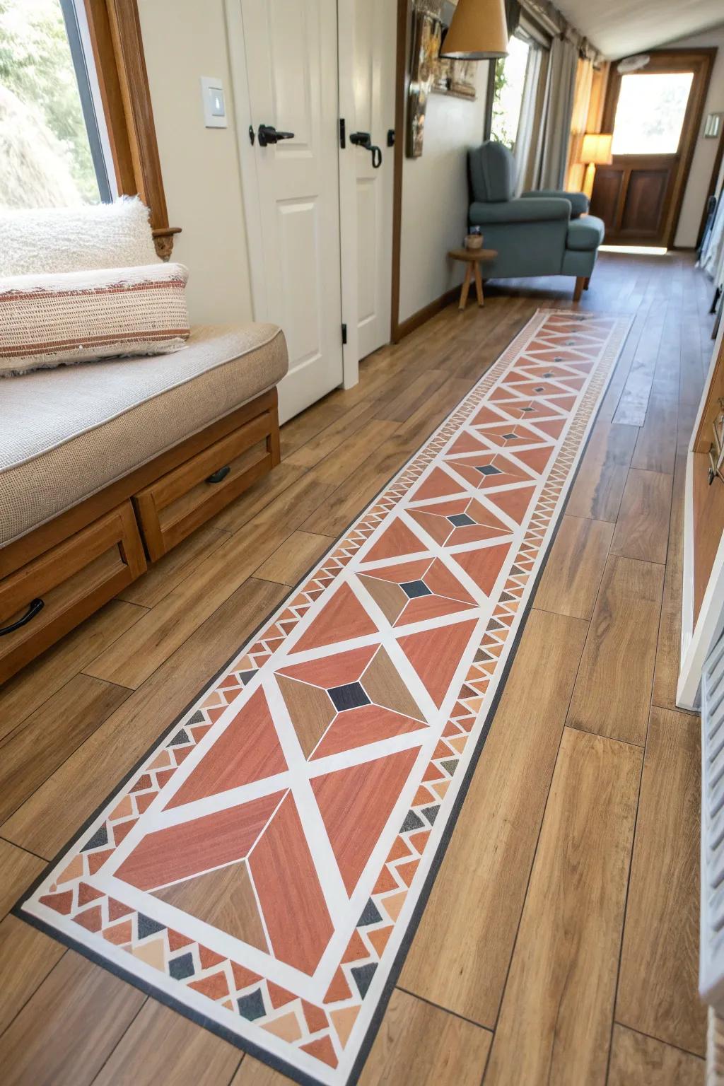 A painted floor runner adds a bold line that makes a single wide living room feel wider.