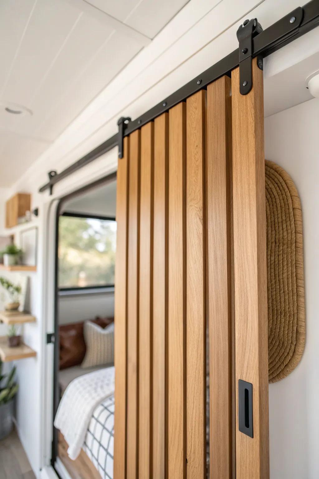 A sliding slat divider adds light, airflow, and a calm “room” feel to your skoolie.