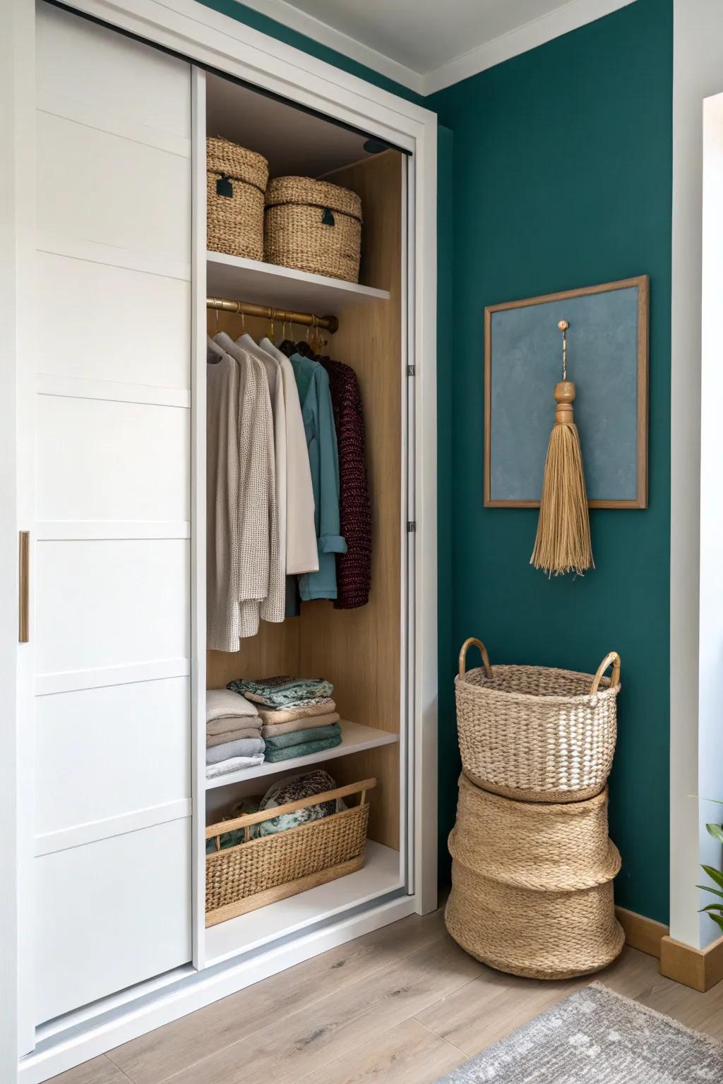 A bold painted backdrop makes a sliding-door closet feel finished—and easier to keep neat.