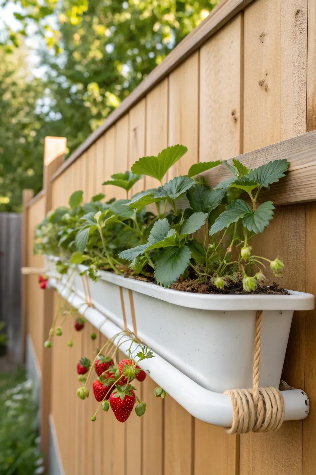 Fence-mounted gutter planter overflowing with strawberries and baby greens—tiny yard, big harvest.