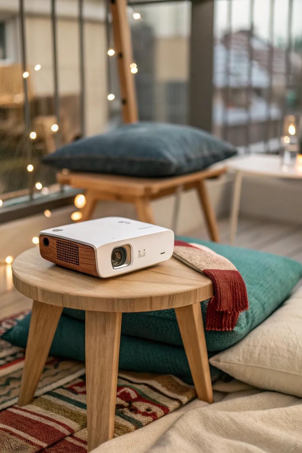 Tiny balcony movie corner on a budget: cushions, blankets, and a mini projector glow-up.