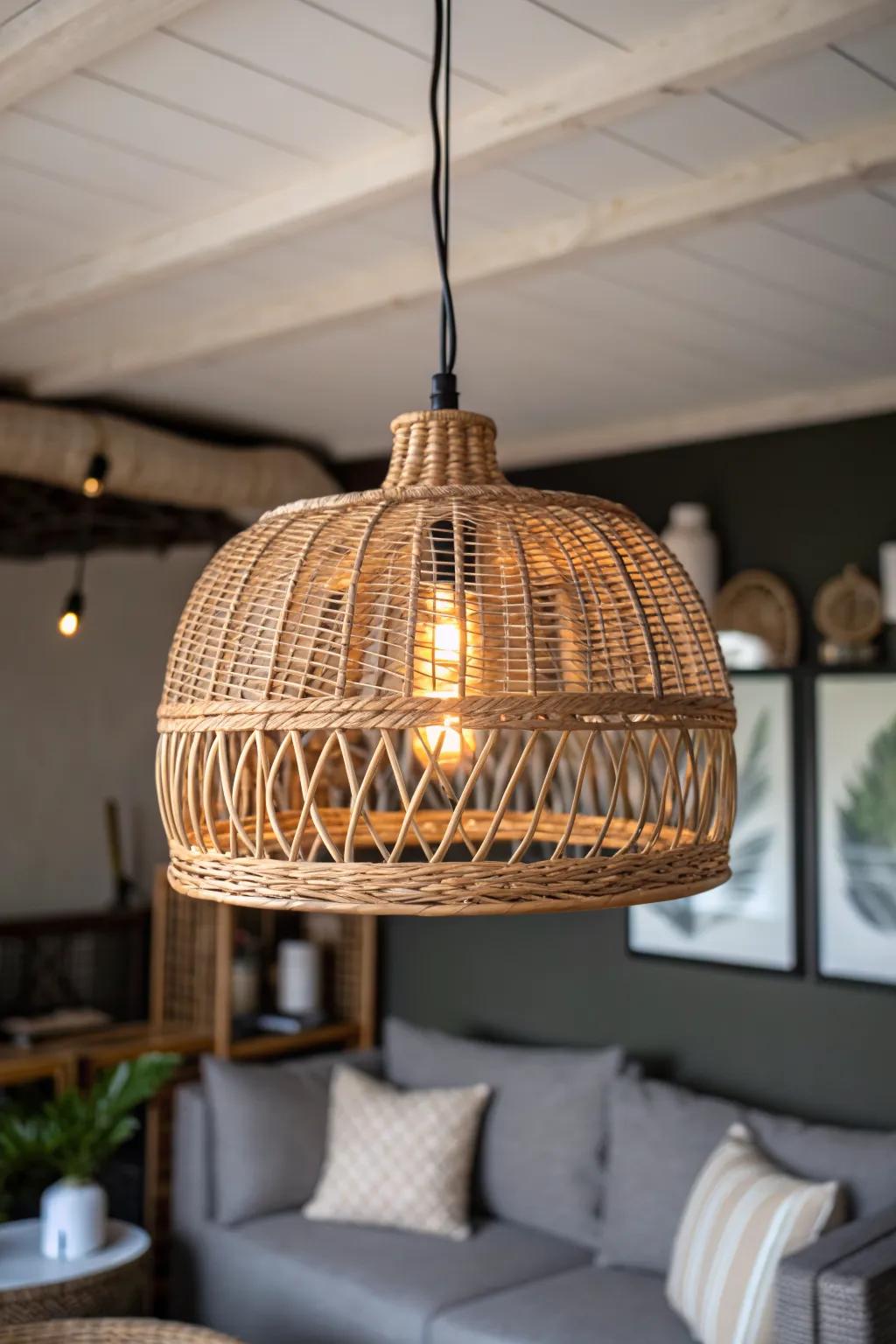 Paint the basement ceiling dark—pipes disappear and a warm woven pendant creates cozy loft vibes.