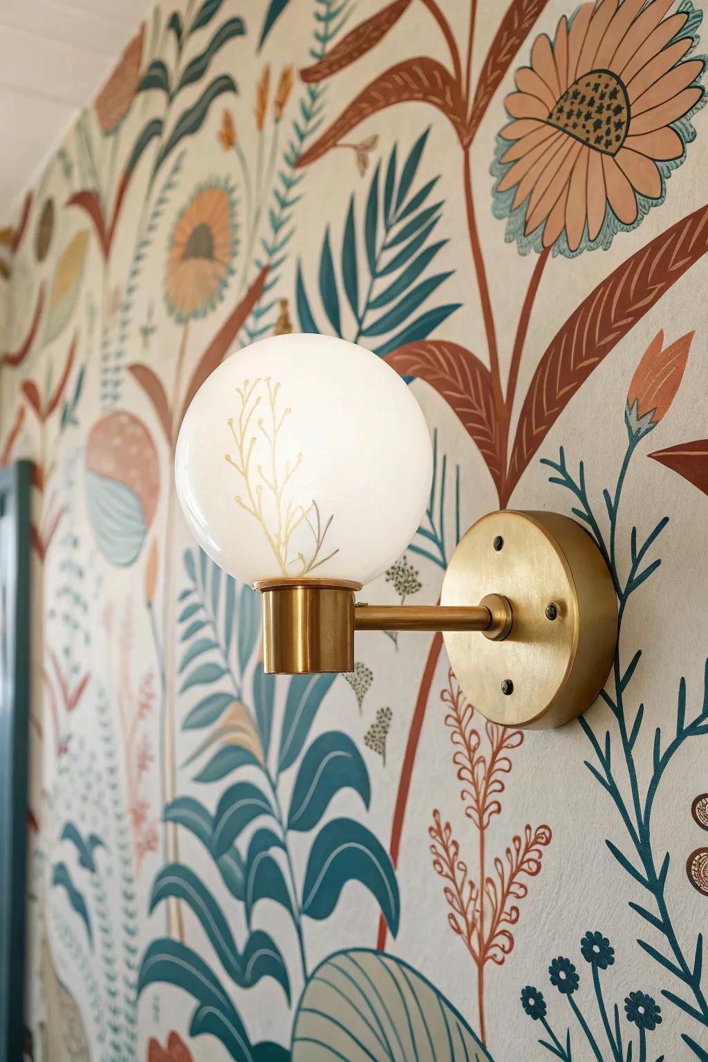 One bold mural wallpaper panel turns a tiny powder room into a mini escape—no clutter needed.