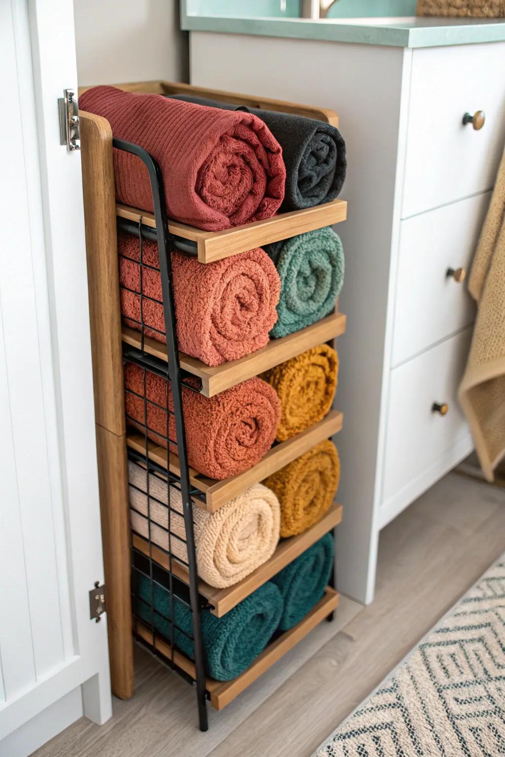 Rolled washcloths in an upright file sorter—small-bathroom hack for tidy, grab-and-go linens.