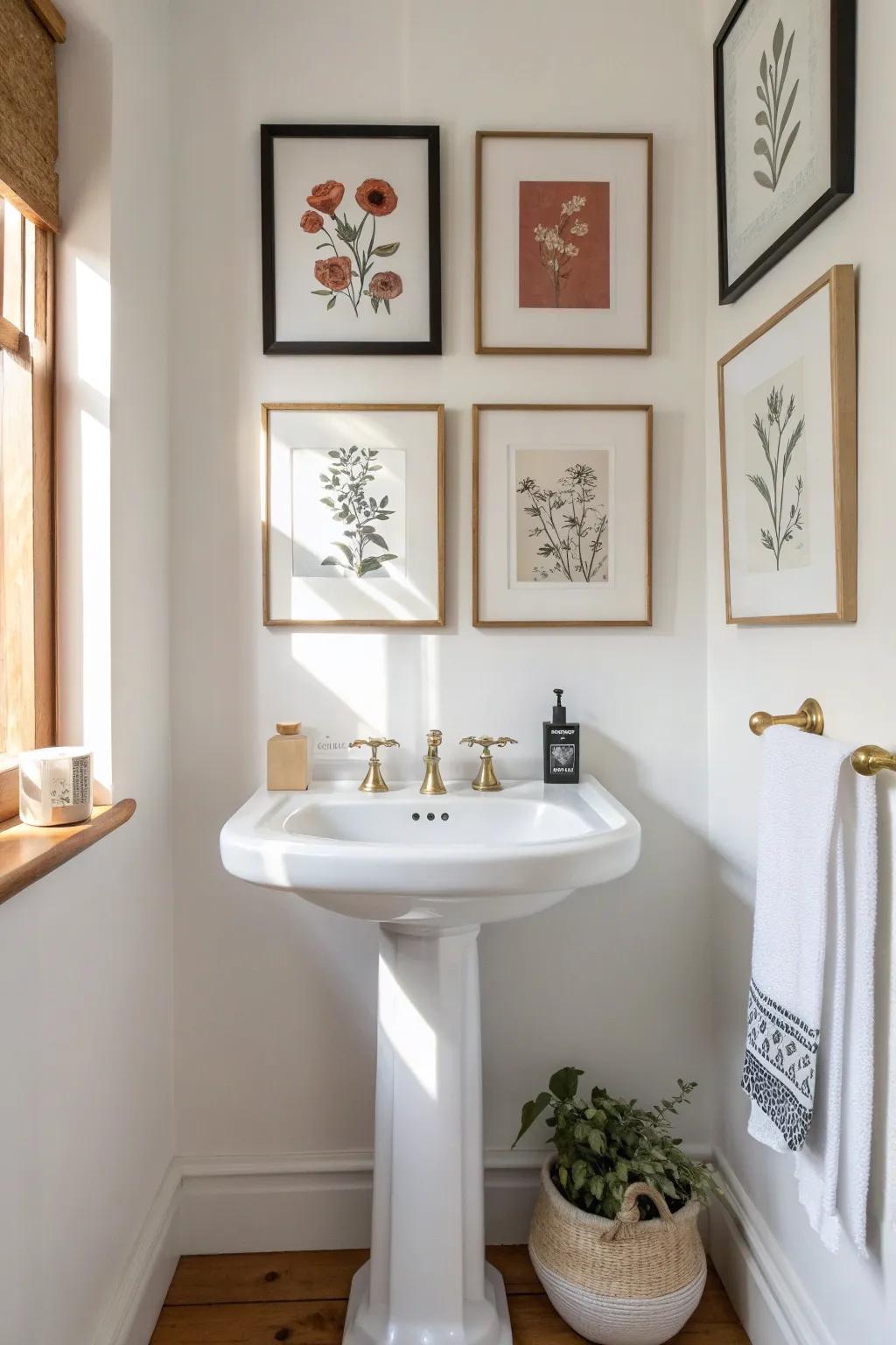 A micro gallery wall above a pedestal sink adds personality without taking up any space.