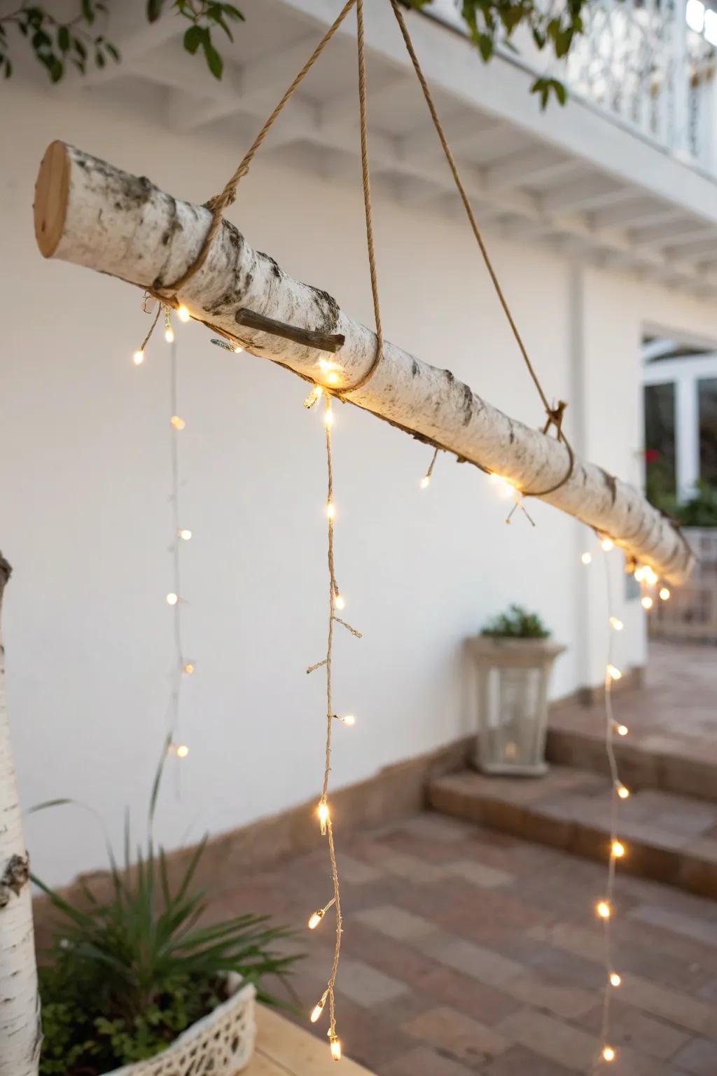 A suspended birch branch wrapped in fairy lights—tiny patio, big boho wow-factor.