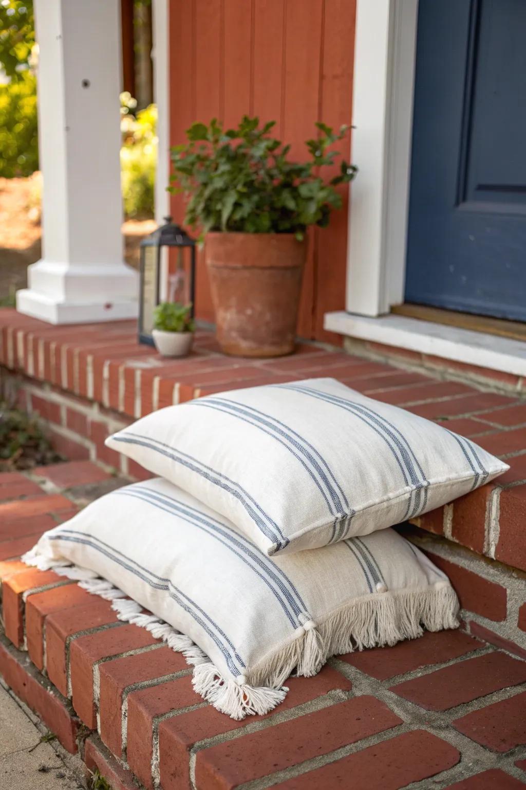 Light striped textiles brighten a tiny brick porch—coastal, airy contrast with minimalist charm.