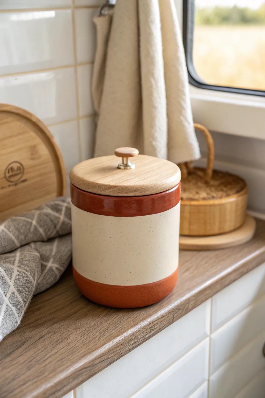 One artisan scent jar + soft neutrals instantly turns a tiny camper bathroom into a mini spa.
