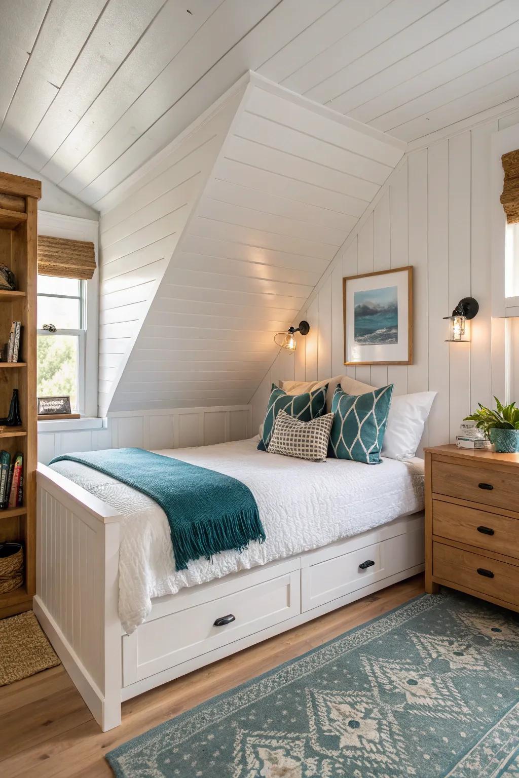 Turn the lowest ceiling nook into a cozy sleep cave with layered linens and hidden storage.