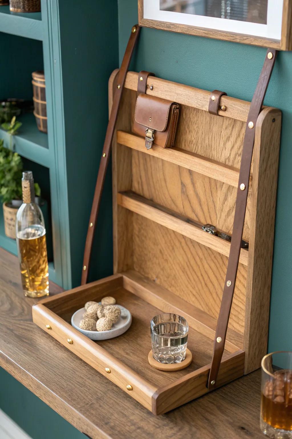 A fold-down cigar tasting shelf that adds lounge function in tiny rooms—then disappears.