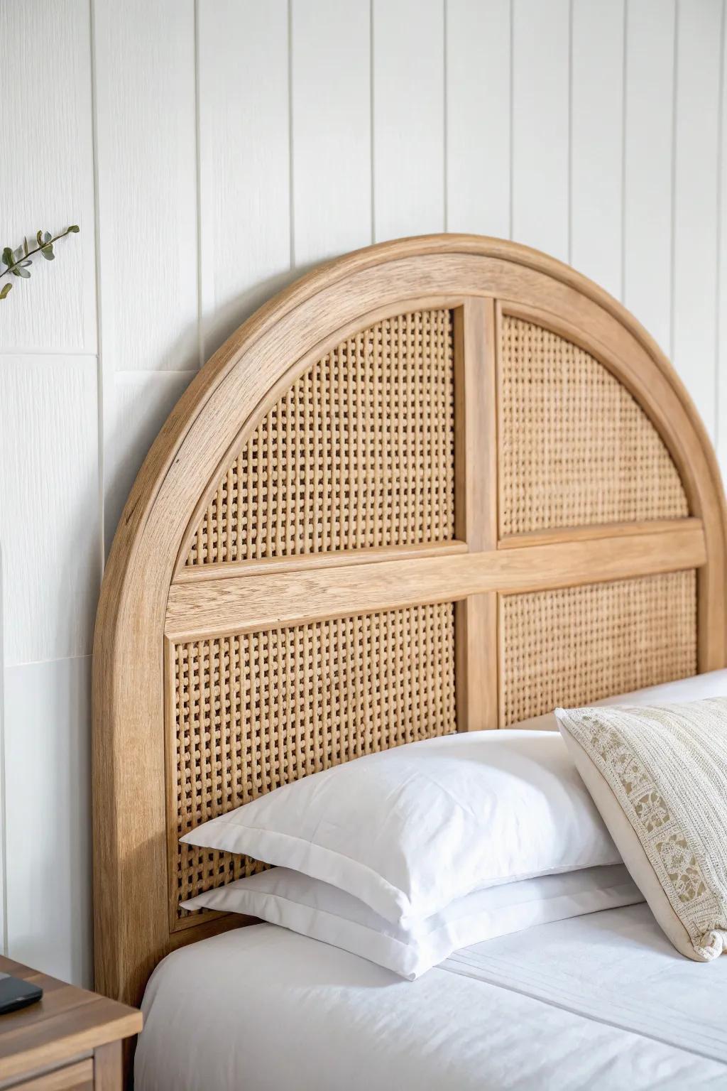 A surf-curve arched headboard adds coastal wow to a tiny bedroom—clean, airy, handcrafted.