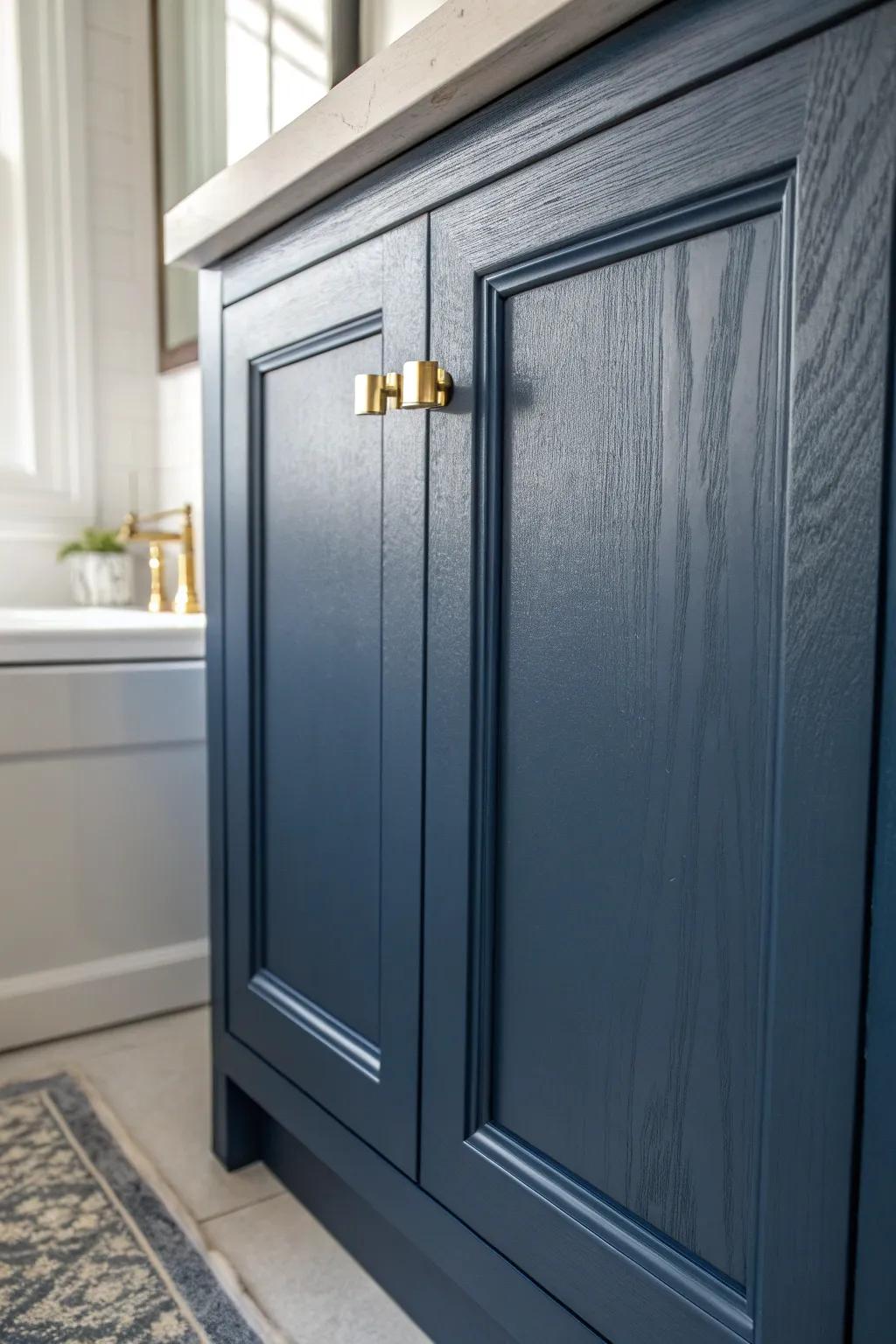 Navy-on-navy hidden cabinet storage keeps small bathrooms calm and visually spacious.