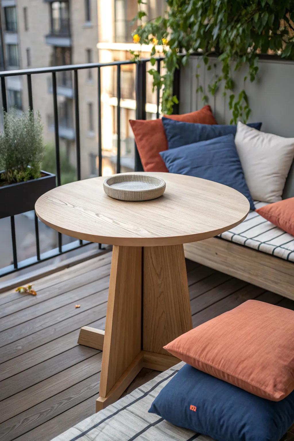 Tiny deck, big cozy: a low handcrafted table framed by bold floor cushions for long chats.