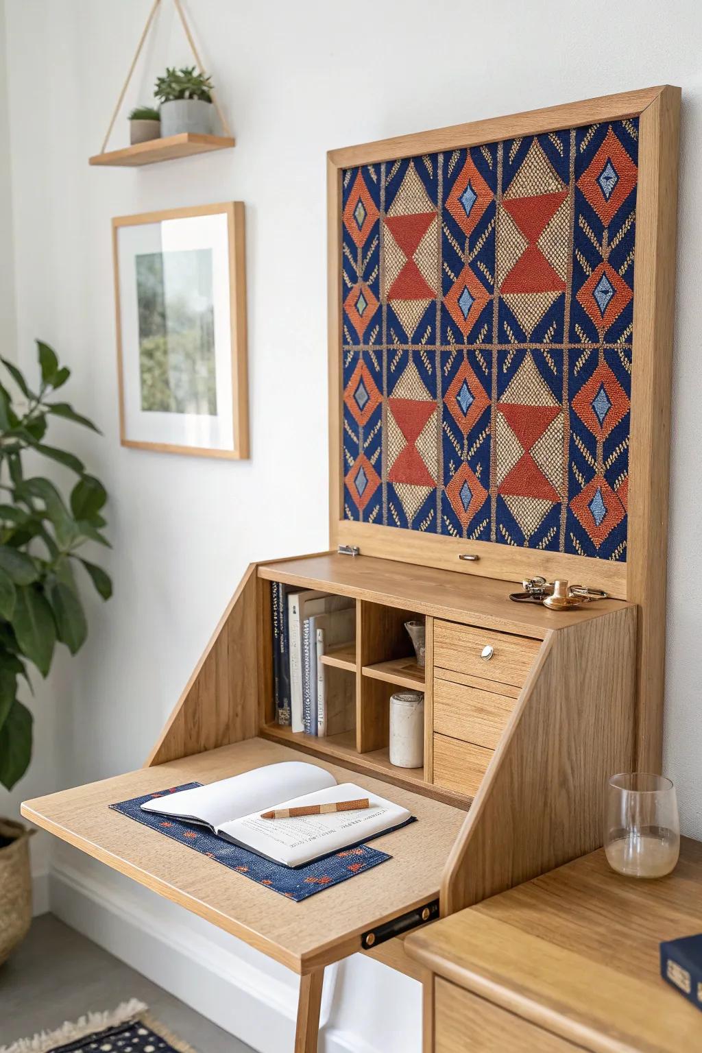 Bold wall art that folds down into a real desk—minimal, hidden workspace for small rooms.