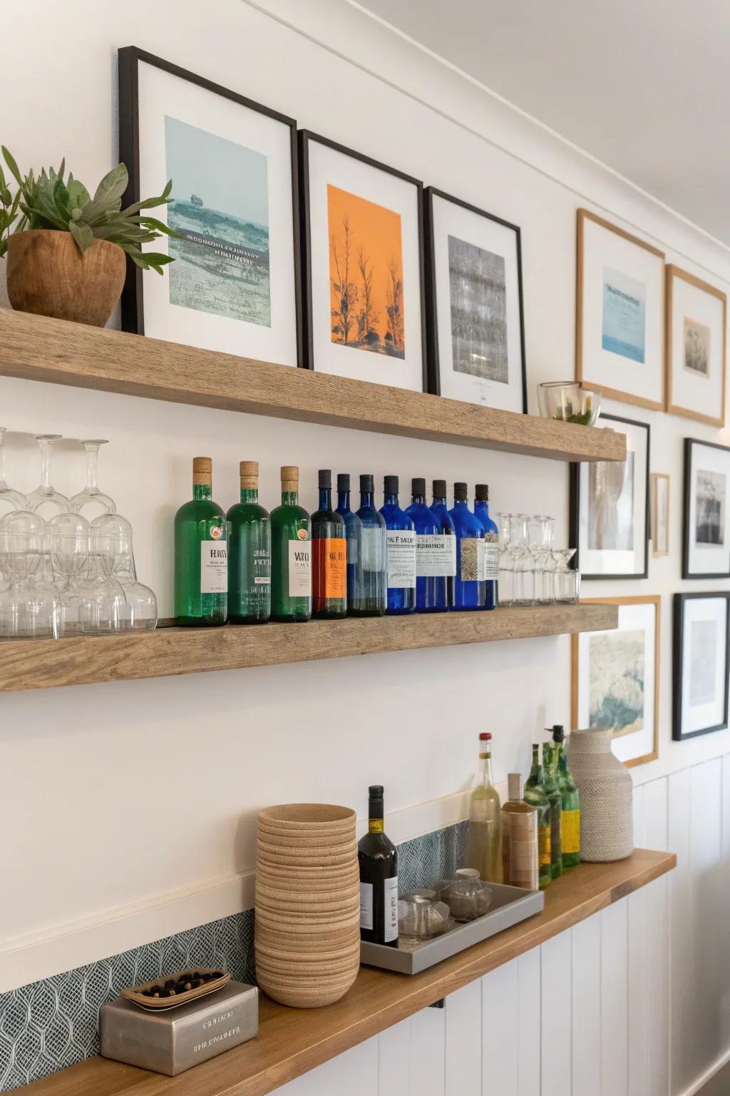 Turn a tiny wall into a gallery-style dry bar with stacked picture ledges, bottles, and art.